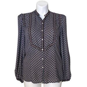 Max Studio Geometric Print Blouse Button Front Balloon Sleeves, Women's Size L
